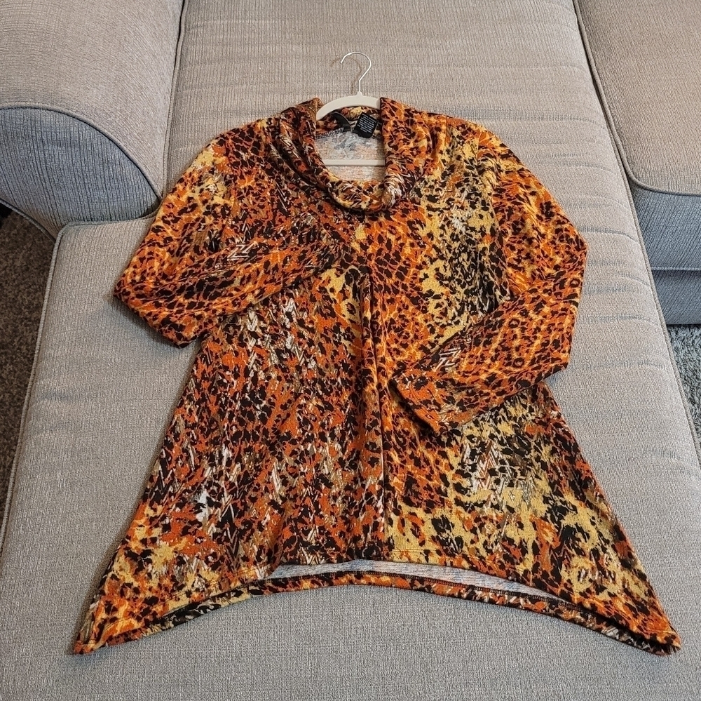 New Directions Fall Orange Black Pattern Art to Wear Cowl Neck Sweater Medium